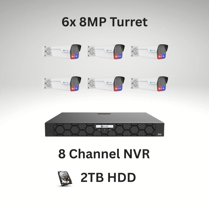 Alibi 8 Channel NVR with 2TB and 6x 8MP Bullet Camera ALI-NR082F-2-D | ALI-PB80-LUAIS