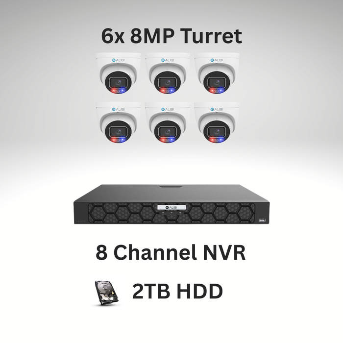 Alibi 8 Channel NVR with 2TB and 6x 8MP Turret Camera ALI-NR082F-2-D | ALI-PT80-LUAIS-D