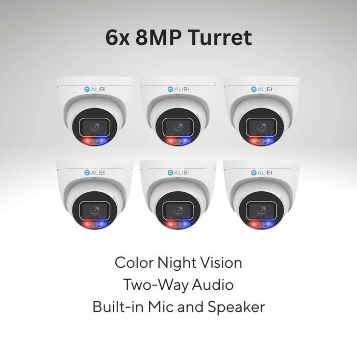 6X Alibi ALI-PT80-LUAIS-D Vigilant 8MP 98 Feet IllumiNite-IR Starlight IntelliSearch IP Turret Camera w/Built-in Mic and Speaker