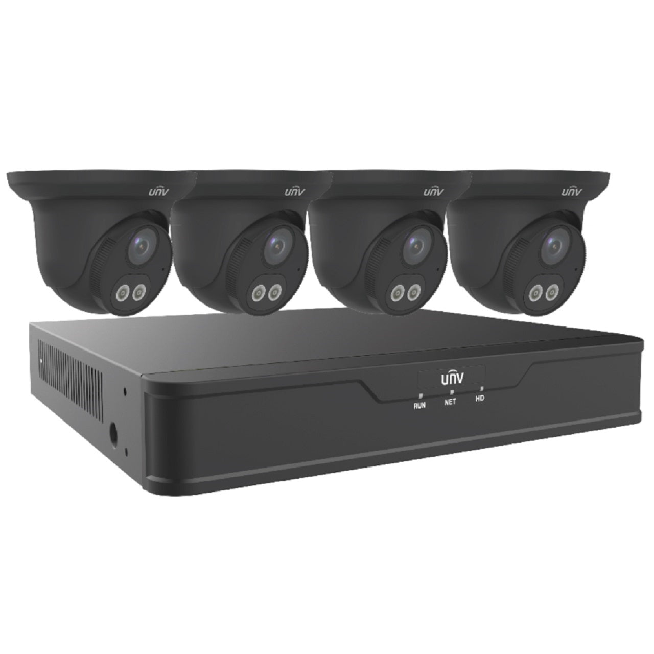 EK-S31P4DLT44T1-BK Uniview Easy S3-P Series 4 Channel NVR 64Mbps Max Throughput - 1TB HDD with 4 Port PoE with 4 x EC-T4F28M-V3 4MP Turret IP Security Camera - Black