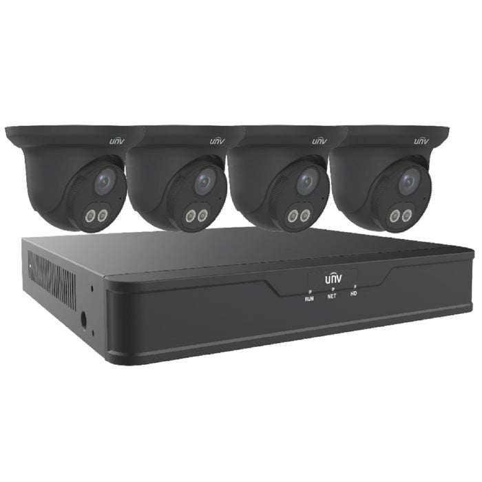 EK-S31P4DLT44T1-BK Uniview Easy S3-P Series 4 Channel NVR 64Mbps Max Throughput - 1TB HDD with 4 Port PoE with 4 x EC-T4F28M-V3 4MP Turret IP Security Camera - Black