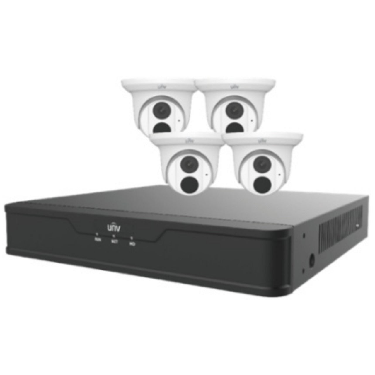 EK-S31P4DLT44T1 Uniview Easy S3-P Series 4 Channel NVR 64Mbps Max Throughput – 1TB HDD with 4 Port PoE with 4 x EC-T4F28M-V3 4MP Turret IP Security Camera - White