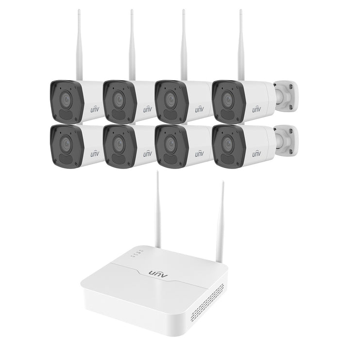 KIT/NVR301-08S4-LW/8xIPC2122LB-AF28WK-WF Uniview Easy Series 8 Channel NVR Wi-Fi Kit 64Mbps Max Throughput - No HDD and 8 x 2.8mm 1080p Bullet IP Security Cameras