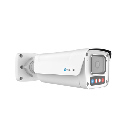 Alibi Security ALI-PB40-VLUZAIS-D 4MP IP Vandal Bullet 131 ft Dual Light Starlight Plus IntelliSearch 2.8-12mm 130dB WDR Built-in Mic & Speaker Audio-Alarm I/O Ultra H.265 SD-Card Red-Blue Strobe and Audio Message