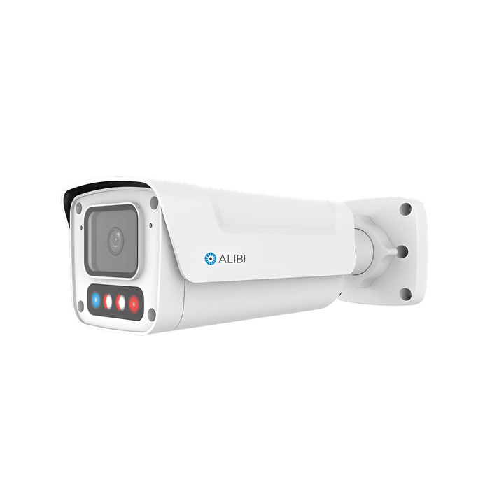 Alibi Security ALI-PB40-VLUAIS-D 4MP IP Vandal Bullet 131 ft Dual Light Starlight Plus IntelliSearch 2.8mm 130dB WDR Built-in Mic & Speaker Audio-Alarm I/O Ultra H.265 SD-Card Red-Blue Strobe and Audio Message