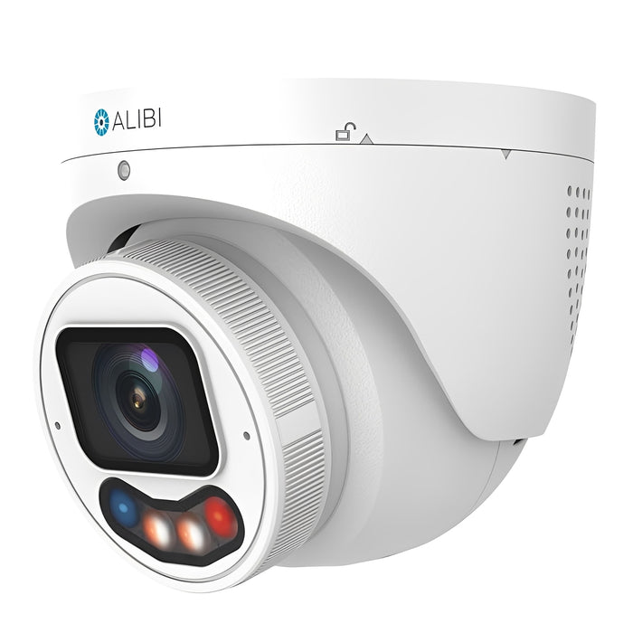 Alibi Security ALI-PT40-VLUAIS-D 4MP IP Vandal Turret 98 ft Dual Light Starlight Plus IntelliSearch 2.8mm 130dB WDR Built-in Mic & Speaker Audio-Alarm I/O Ultra H.265 SD-Card Red-Blue Strobe and Audio Message