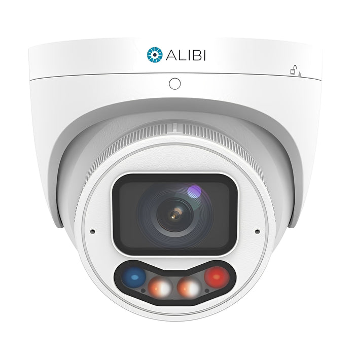 Alibi Security ALI-PT80-VLUZAIS-D 8MP IP Vandal Turret 98 ft Dual Light Starlight Plus IntelliSearch 2.8-12mm 130dB WDR Built-in Mic & Speaker Audio-Alarm I/O Ultra H.265 SD-Card Red-Blue Strobe and Audio Message