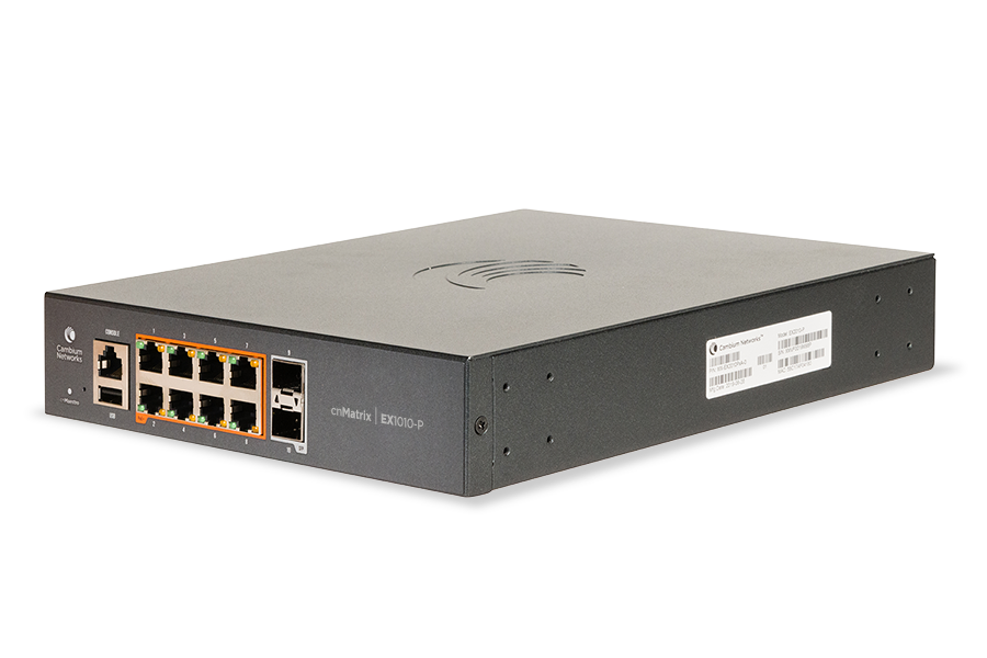 Cambium Networks - cnMatrix EX1010-P, Intelligent Ethernet PoE+ Switch, 8 1-Gbps and 2 1-Gbps SFP fiber ports - no pwr cord, USA Only - MX-EX1010PxA-1