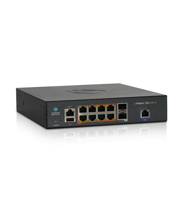 Cambium Networks - cnMatrix EX2010-P, Intelligent Ethernet PoE Switch, 8 1G and 2 SFP fiber ports - Brazil pwr cord - MX-EX2010PxA-B