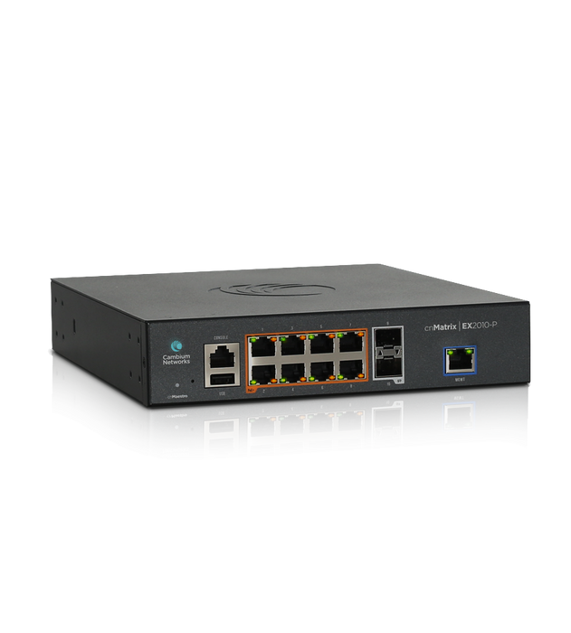 Cambium Networks - cnMatrix EX2010-P, Intelligent Ethernet PoE Switch, 8 1G and 2 SFP fiber ports - EU pwr cord - MX-EX2010PxA-E